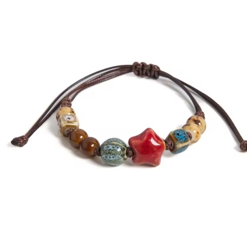 New! Boho Ceramic Star Bead Bracelet Or Anklet Adjustable Cord | (1035ab) NWOT
